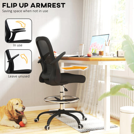 Ergonomic Draughtsman Mesh Drafting Chair with Flip-up Armrest and Adjustable Foot Ring - Black