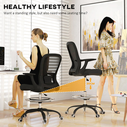 Ergonomic Draughtsman Mesh Drafting Chair with Flip-up Armrest and Adjustable Foot Ring - Black