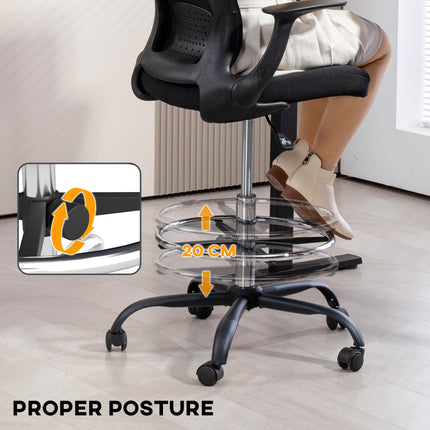 Ergonomic Draughtsman Mesh Drafting Chair with Flip-up Armrest and Adjustable Foot Ring - Black