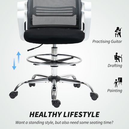 Ergonomic Draughtsman Mesh Drafting Chair with Lumbar Support and Adjustable Foot Ring - Black