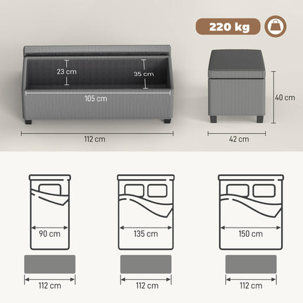 Storage Ottoman Bench 112cm Corduroy Footstool with Removable Lid and Legs - Grey