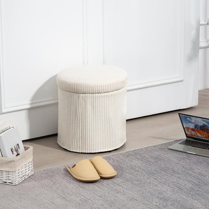 40cm Round Storage Ottoman with Removable Lid and Legs, Corduroy Footstool for Living Room and Bedroom - Beige