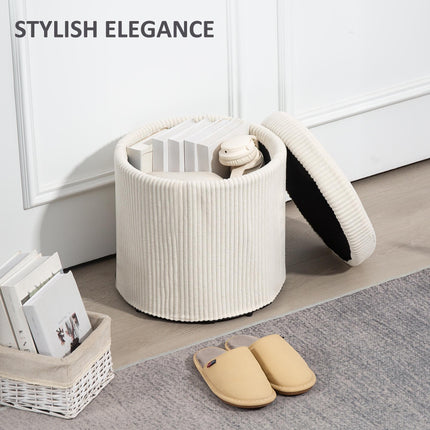 40cm Round Storage Ottoman with Removable Lid and Legs, Corduroy Footstool for Living Room and Bedroom - Beige