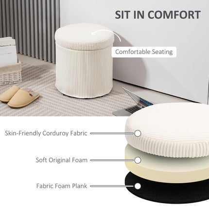 40cm Round Storage Ottoman with Removable Lid and Legs, Corduroy Footstool for Living Room and Bedroom - Beige