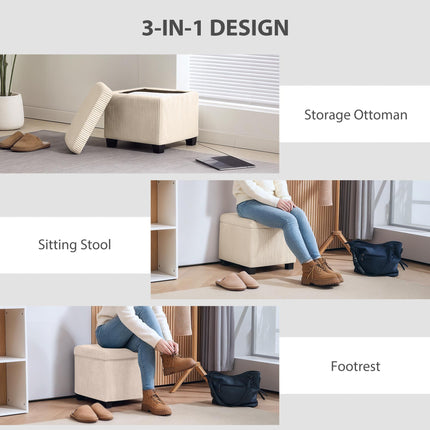 Storage Ottoman Bench 40cm with Removable Lid and Legs, Corduroy Footstool Storage Chest - Beige
