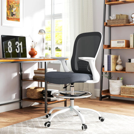 Ergonomic Draughtsman Mesh Drafting Chair with Flip-up Armrest & Adjustable Foot Ring - Grey