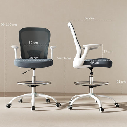 Ergonomic Draughtsman Mesh Drafting Chair with Flip-up Armrest & Adjustable Foot Ring - Grey