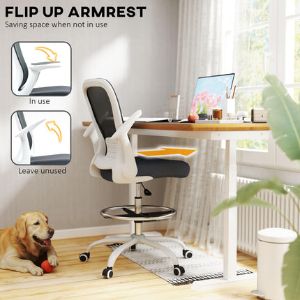 Ergonomic Draughtsman Mesh Drafting Chair with Flip-up Armrest & Adjustable Foot Ring - Grey