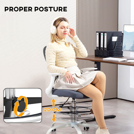Ergonomic Draughtsman Mesh Drafting Chair with Flip-up Armrest & Adjustable Foot Ring - Grey