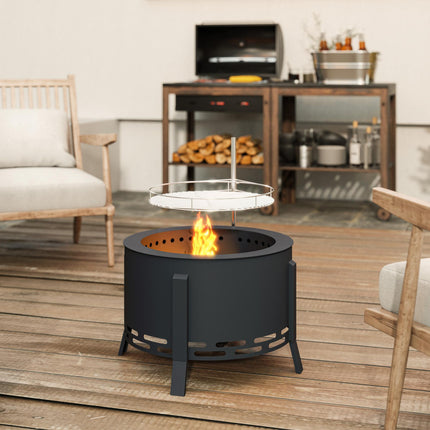 Portable Fire Pit, 58 cm Round Firepit with Grill Grate, Fire Bowl with Ash Catcher and Poker, Fire Pit BBQ for Garden Camping Bonfire Picnic, Black