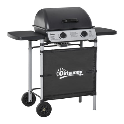 2 Burner Gas BBQ Trolley with Lid, 5.6 kW Grill, Wheels & Side Shelves - Grey