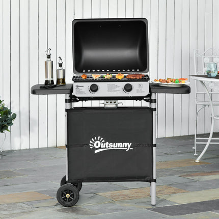 2 Burner Gas BBQ Trolley with Lid, 5.6 kW Grill, Wheels & Side Shelves - Grey