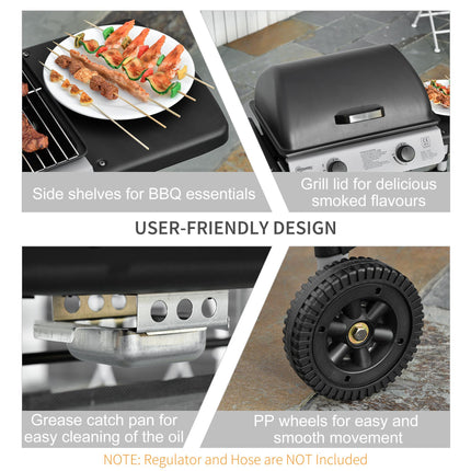 2 Burner Gas BBQ Trolley with Lid, 5.6 kW Grill, Wheels & Side Shelves - Grey
