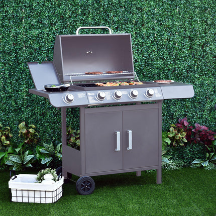4+1 Burner Gas BBQ Grill Trolley with Wheels, Warming Rack, Side Shelves, Cabinet & Thermometer - Grey