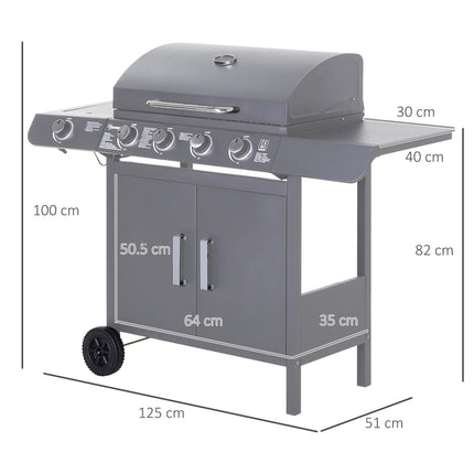 4+1 Burner Gas BBQ Grill Trolley with Wheels, Warming Rack, Side Shelves, Cabinet & Thermometer - Grey