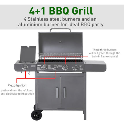 4+1 Burner Gas BBQ Grill Trolley with Wheels, Warming Rack, Side Shelves, Cabinet & Thermometer - Grey