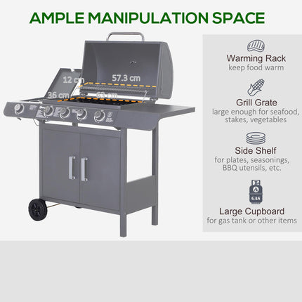 4+1 Burner Gas BBQ Grill Trolley with Wheels, Warming Rack, Side Shelves, Cabinet & Thermometer - Grey