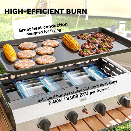 Four Burner Portable Gas Grill with Regulator and Hose - Silver Tone Black