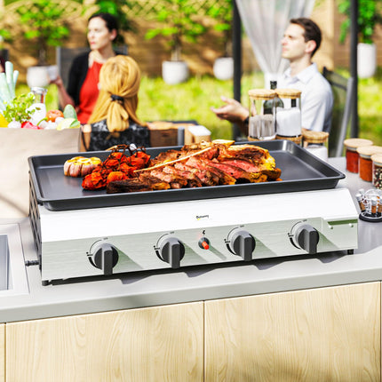 Four Burner Portable Gas Grill with Regulator and Hose - Silver Tone Black