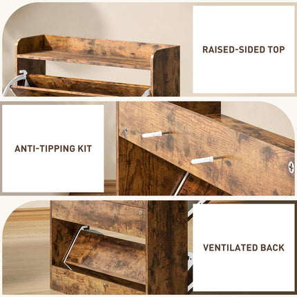 Two Flip Drawer Narrow Shoe Cabinet with Adjustable Shelves - Rustic Brown