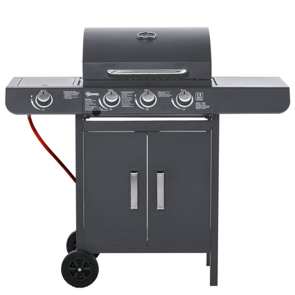 3+1 Burner Gas BBQ Grill Trolley with Wheels, Side Shelves, Cabinet & Thermometer - Grey