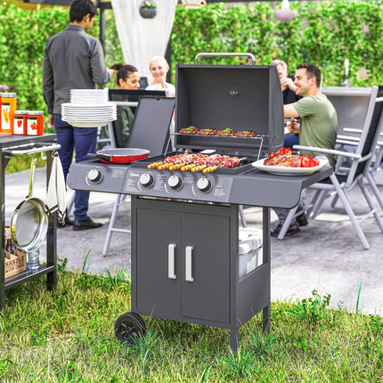 3+1 Burner Gas BBQ Grill Trolley with Wheels, Side Shelves, Cabinet & Thermometer - Grey