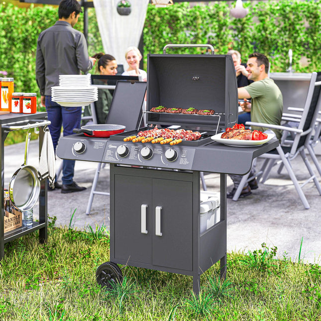 3+1 Burner Gas BBQ Grill Trolley with Wheels, Side Shelves, Cabinet & Thermometer - Grey