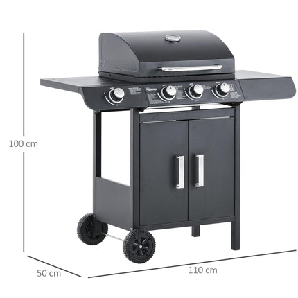 3+1 Burner Gas BBQ Grill Trolley with Wheels, Side Shelves, Cabinet & Thermometer - Grey