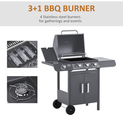 3+1 Burner Gas BBQ Grill Trolley with Wheels, Side Shelves, Cabinet & Thermometer - Grey