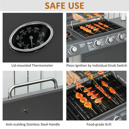 3+1 Burner Gas BBQ Grill Trolley with Wheels, Side Shelves, Cabinet & Thermometer - Grey