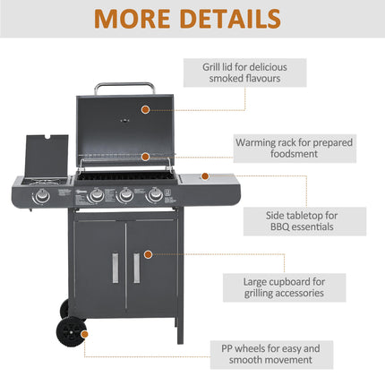 3+1 Burner Gas BBQ Grill Trolley with Wheels, Side Shelves, Cabinet & Thermometer - Grey