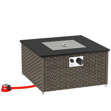 Rattan Gas Fire Pit Table for Garden, 13 KW Smokeless Propane Fire Pit with Lid, Square Garden Coffee Table with Patio Heater for Outdoor, Patio, 58 x 58 x 33 cm, Grey
