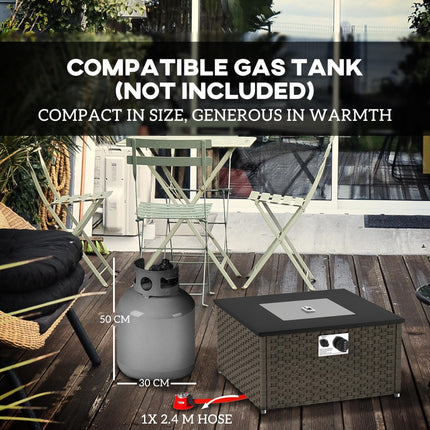 Rattan Gas Fire Pit Table for Garden, 13 KW Smokeless Propane Fire Pit with Lid, Square Garden Coffee Table with Patio Heater for Outdoor, Patio, 58 x 58 x 33 cm, Grey