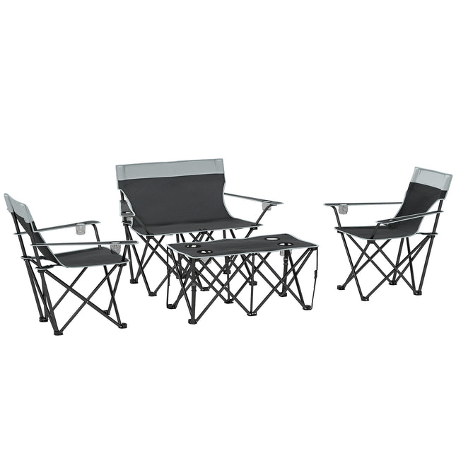 Four-Piece Portable Picnic Table Set with Foldable Chairs and Cup Holders - Grey