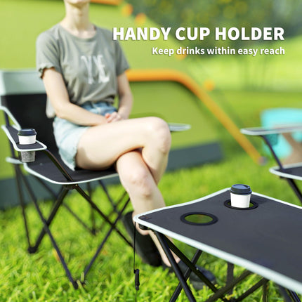Four-Piece Portable Picnic Table Set with Foldable Chairs and Cup Holders - Grey