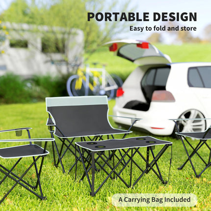 Four-Piece Portable Picnic Table Set with Foldable Chairs and Cup Holders - Grey