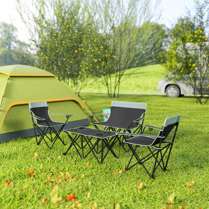 Four-Piece Portable Picnic Table Set with Foldable Chairs and Cup Holders - Grey