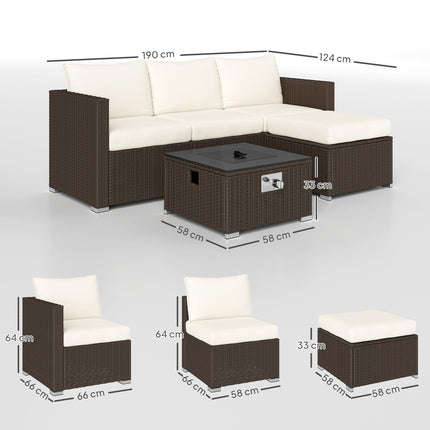 Five Piece Rattan Garden Furniture Set with Gas Fire Pit Table and Footstool - Brown and Cream White