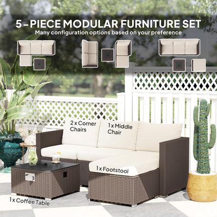 Five Piece Rattan Garden Furniture Set with Gas Fire Pit Table and Footstool - Brown and Cream White