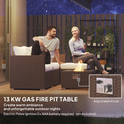 Five Piece Rattan Garden Furniture Set with Gas Fire Pit Table and Footstool - Brown and Cream White