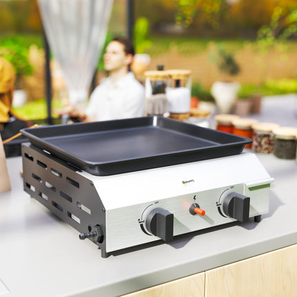 Two Burner Portable Gas Grill with Adjustable Burners and Grease Tray - Black