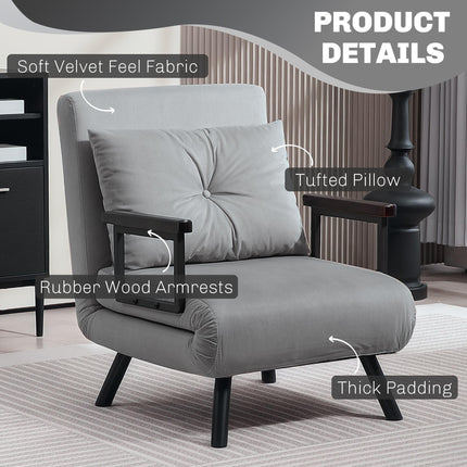 4-in-1 Velvet-Feel Single Chair Bed with Pillow - Light Grey