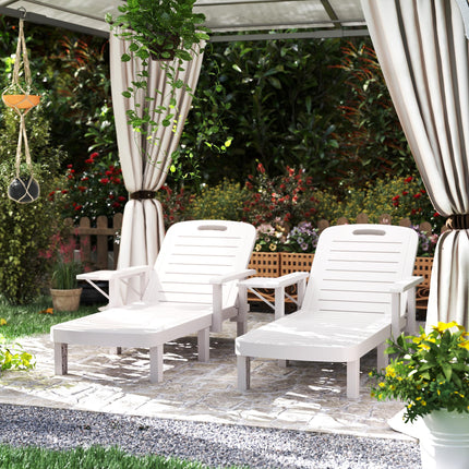 Set of 2 Adjustable Resin Reclining Sun Loungers with Foldable Side Table and Wood Texture - White