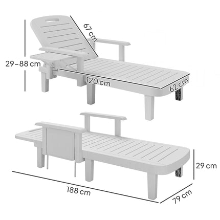 Set of 2 Adjustable Resin Reclining Sun Loungers with Foldable Side Table and Wood Texture - White