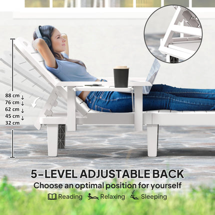 Set of 2 Adjustable Resin Reclining Sun Loungers with Foldable Side Table and Wood Texture - White