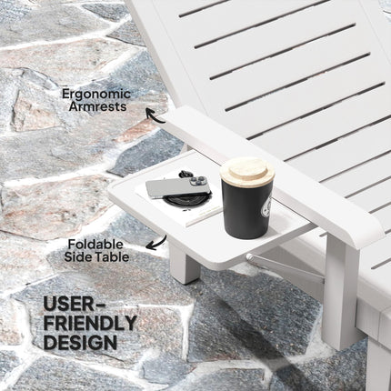 Set of 2 Adjustable Resin Reclining Sun Loungers with Foldable Side Table and Wood Texture - White
