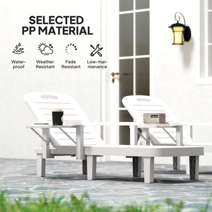 Set of 2 Adjustable Resin Reclining Sun Loungers with Foldable Side Table and Wood Texture - White