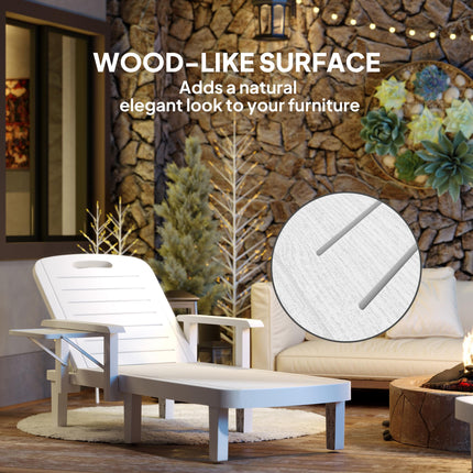 Set of 2 Adjustable Resin Reclining Sun Loungers with Foldable Side Table and Wood Texture - White