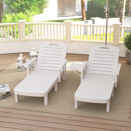 Set of 2 Adjustable Resin Reclining Sun Loungers with Foldable Side Table and Wood Texture - White