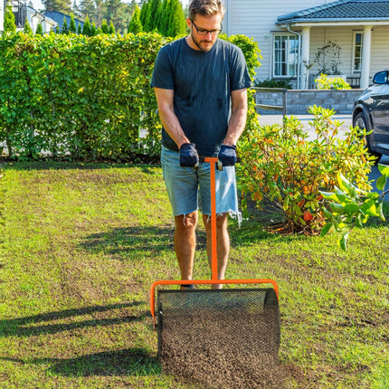 24" Compost Spreader with Adjustable T-Handle and Metal Mesh Basket for Seeding & Manure Spreading - Orange